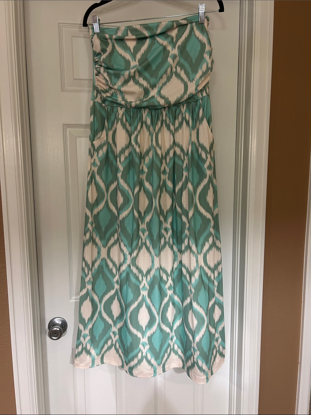 Aqua and Cream Patterned Strapless Maxi Dress